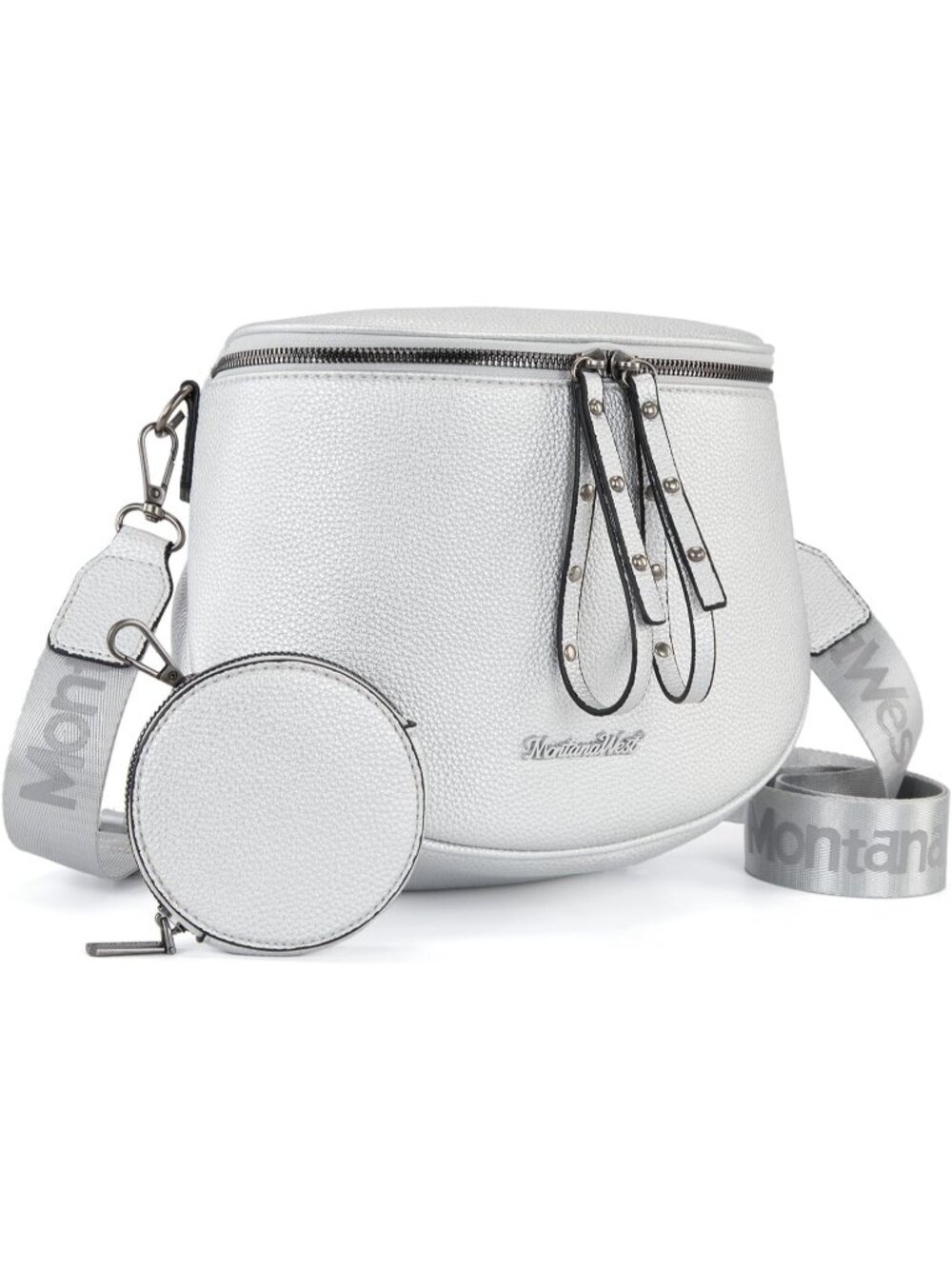 Women's Silver Vegan Leather Bum Bag with Coin Purse West Strap Crossbody Bag